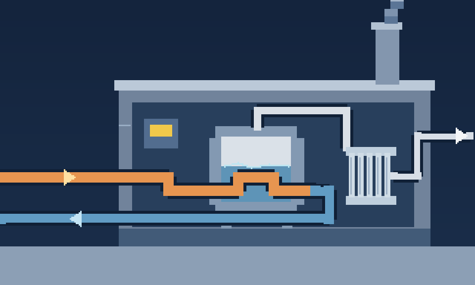 Pixel-art central heating facility with a hot-air inlet, boiler, water and steam circuit, and return pipe.