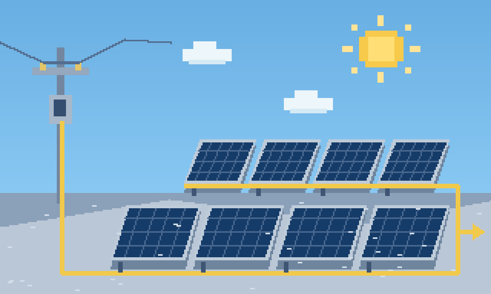 Pixel-art solar array and a grid connection supplying electricity.